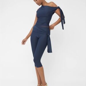 Knot Detail Asymmetric One Shoulder Luxe Slinky Top Navy